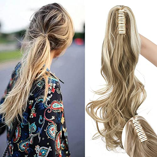 SEGO 45 cm hästsvans hårförlängning ponytail hårdel fläta klämma i förlängningar voluminös klo on syntetiskt hår vågigt ash brun & bleach blond