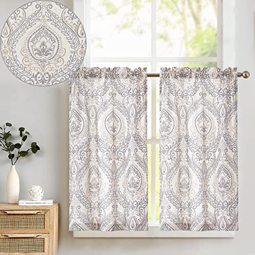 TOPICK Scheibengardine Leinen Vorhang Vintage Bistrogardine Landhaustil Blumen Bedruckt Gardine Geblümt Scheibengardinen Blickdicht für Küche Wohnzimmer Landhaus 2er-Set Grau auf Beige 65B x 60H(cm)