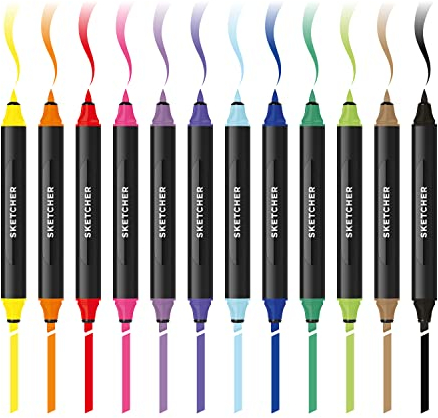 Molotow Sketcher Twinmarker Main Kit 1 (Brush Tip & 3mm Keilspitze, farbintensive Aqua Pro Tinte, schnelltrocknend, für die Anwendung auf Papier) 12 Stifte mehrfarbig