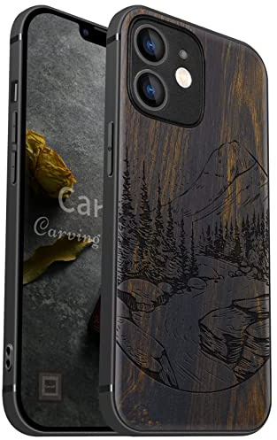 Carveit Holz Hülle für iPhone 12 mini, Dunklesholz-Naturlandschaft | Cover kompatibel MagSafe [Holz und TPU Silikon Hybrid Hull] Magnetisch Case für iPhone 12 mini Handyhülle