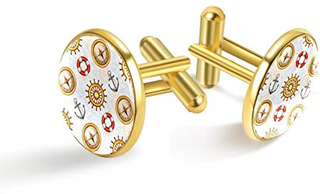 Personalisierte Gold Manschettenknöpfe für Smoking Hemd Marine Muster Kompass Schiff Anker, 20mm*20mm, Edelstahl, Künstlicher Quarz