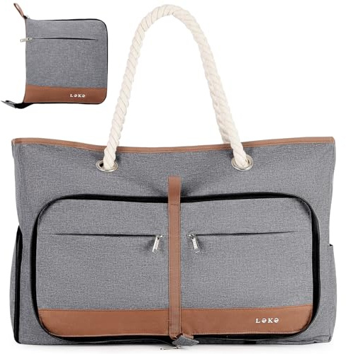 Lekespring Strandtasche Damen Groß mit Reißverschluss, Vielseitiger Damen Shopper Badetasche Saunatasche Reisetasche Tote Bag für Strand Reisen Einkaufen Sport u.Arbeit (Grau)