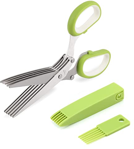 Herb scissors, Multipurpose Cutting Shears with 5 Blade Kitchen Salad Scissors, Safety Cover and Cleaning Comb for Chopping Cilantro Onion Basil Chive Parsley, Green