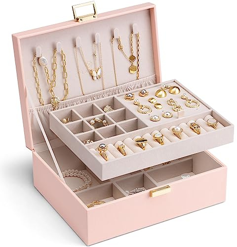 Boîte à bijoux Vlando, 2 couches, boîte de rangement pour bijoux, grande, boîte à bijoux pour femmes et filles, plateau amovible pour bagues, boucles d'oreilles et colliers, cadeau pour femmes
