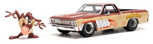 Jada Toys – Looney Tunes Chevy EL Camino inkl. Tazmanian Devil figur, modellbil av metall, 1:24, dörrar att öppna, 19 cm, för fans och barn från 8 år