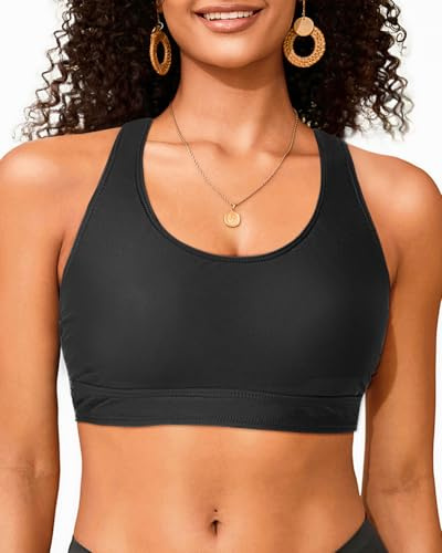 Holipick Damen Sport-BH, Bikini-Oberteil, überkreuzt, U-Ausschnitt, Badeanzug, nur Oberteil, Schwarz, Large