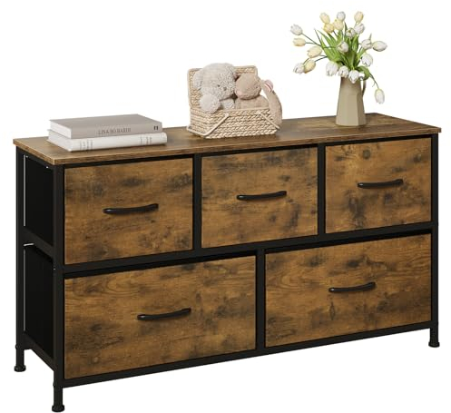 WOLTU Chest of Drawers, 5 Fabric Drawers Storage Unit, Wooden Sideboard Storage Cabinet Industrial Bedroom Drawers with Handles, Metal Frame, Rustic Brown, 100x30x54cm, SSK005hov