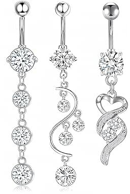 wodehaainiyibeizi 3Pcs Belly Button Bars Dangle Belly Button Rings Belly Button Rings Set Stainless Steel Belly Navel Bar Piercing Jewellery Belly Button Piercing Belly Piercing Sterling Silver
