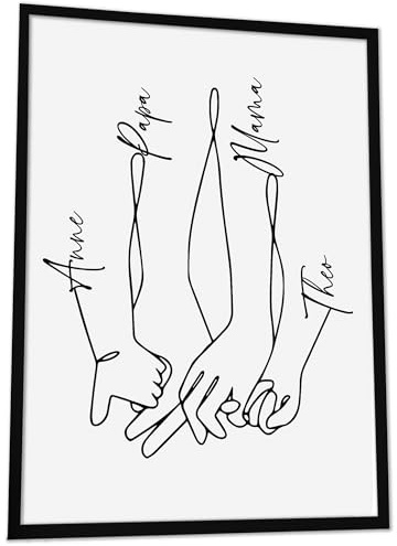 JUHMI Bild Familie Personalisiert mit Namen One Line Art, DIN A4 (21x30 cm) Rahmen wählbar, personalisierte Geschenke zum Einzug Hausbau Wohnung Einzugsgeschenk Deko Flur Bilder, 4 Köpfige Familie