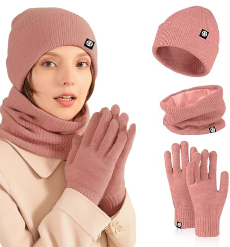 Nenkarn Mütze, Schal & Handschuh-Sets für Damen, 3-in-1 Mütze und Schal Set für Frauen, Dicke Fleece Touchscreen Handschuhe Strickmütze Kaltwetter Accessoires Sets