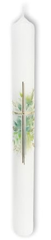 FRITZ COX Taufkerze Glaube erwächst - Eukalyptus mit goldenem Kreuz | Paraffinkerze made in Germany (400x40mm)