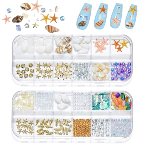 CRASPIRE 2 Caja de Adornos para Decoración de Uñas con Diseño de Océano Natural Pinzas para Uñas con Diseño de Concha de Mar Estrella de Mar Concha de Playa Diamantes de Imitación Parte Trasera Plana