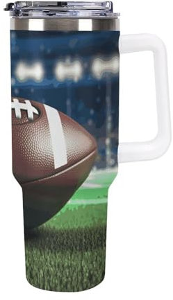 RKJVB Vakuumisolierter Autobecher aus Edelstahl, mit amerikanischem Fußball, bedruckt, auslaufsicher, mit Griff und Strohhalm, Kaffeebecher, Wasserflasche für kalte heiße Getränke, 1,2 l