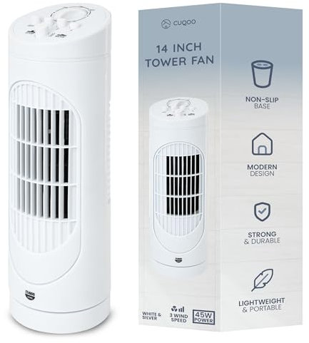 CUQOO 14 inch Table Top Tower Fan - 80° Bladeless Oscillating Fan with 3 Speed Levels and 2-Hour Timer, Lightweight for Bedroom, Living Room, Kitchen, Home Office (White, 14 Inch)