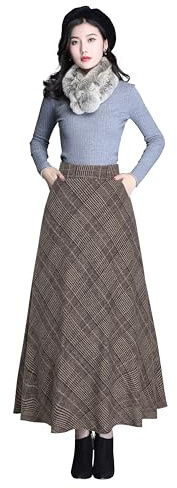 Beeblily Womens Plaid Wool Long Skirt Vintage High Waist A-line Fall/Winter Midi Skirt Khaki S