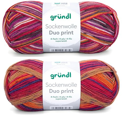 Gründl Wolle Sockenwolle Duo 2 Knäuel 100 g, fuchsia-kürbis-blau