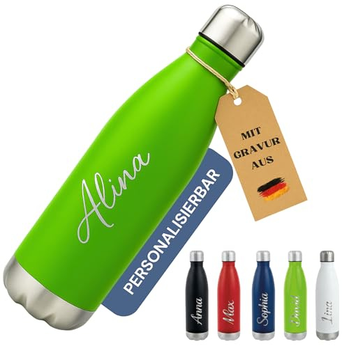 SMARTEON Trinkflasche personalisiert mit Namen – Edelstahl Isolierflasche mit Gravur – Personalisierte Sportflasche Erwachsene & Kinder – Thermosflasche personalisiert – Flasche mit Namen (Grün)