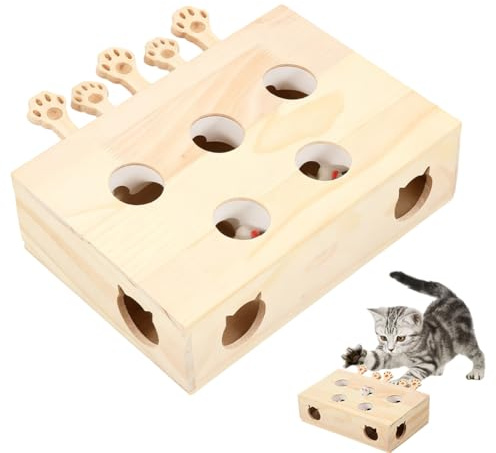 Interaktives Katzenspielzeug, Maulwurf Maus Puzzle Box mit 5 Löcher, 3 in 1 Katzenkratzbrett und Spielzeug, Katzenspielzeug Aus Holz für Katzen, Jagd, Spielen,Trainieren,Kratzen,Indoor-Übung und Spaß