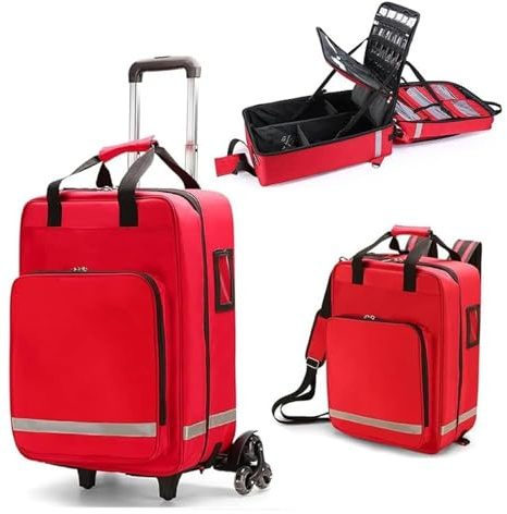 Großer Tragbarer Erste-Hilfe-Koffer auf Rädern mit Abnehmbarem Trolley – Rollkoffer mit Mehreren Fächern für Sanitäter, Pflegepersonal, Camping & Wandern