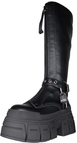 Buffalo GOSPHER BIKER HI Women’s Platform Black Vegan Nappa Knee-High Boots