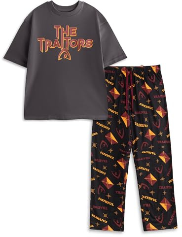 The Traitors Men's Black Short Sleeve Long Leg Pyjama Set | Retro Sleepwear with Logo | TV Show Nightwear | Comfortable Loungewear for Relaxation Merch - Large