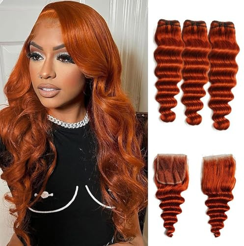 FUIBEJAE Paquetes de cabello humano ondulado suelto profundo 3 paquetes con cierre de encaje suelto con parte libre 4x4, cabello virgen brasileño ondulado profundo suelto, #350,18 20 22+18free
