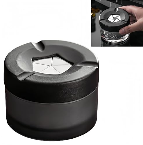 Vyloky Cenicero con tapa giratoria de cristal, de alta calidad, cierre hermético y resistente al viento, para accesorios elegantes para fumar en el salón, la oficina y al aire libre (negro mate)