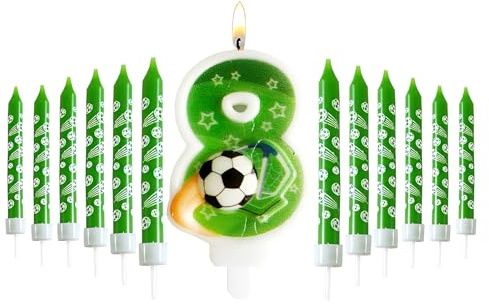 13 Candele di Compleanno a Tema Calcio, Numero 8 a Forma di Pallone e 12 Candeline con Motivo Calcio, per Torta Compleanno Bambino, Verde