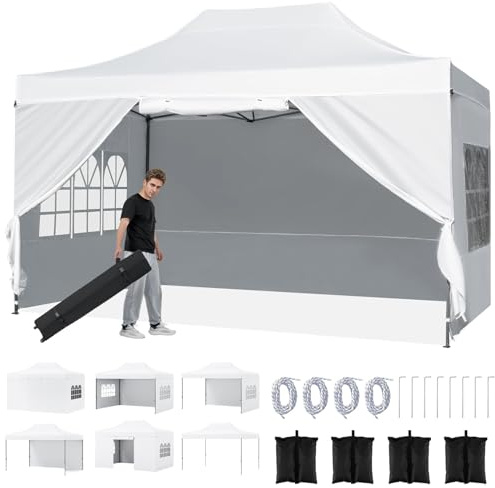COSTWAY Tonnelle de Jardin Pop Up 4x3m avec 4 Parois Latérales Amovibles, Barnum Pliant Imperméable avec 3 Hauteurs Réglables, Sac à roulettes, Tente Gazebo Extérieur pour Camping, Fête (Blanc)