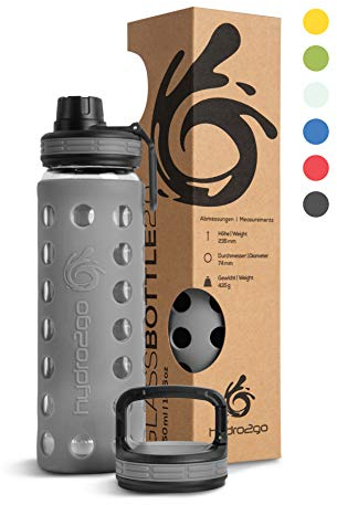 hydro2go borraccia vetro con copertura in silicone 550 ml - lavabile in lavastoviglie | 2 coperchi intercambiabili | 100% a tenuta stagna