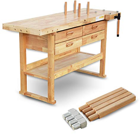 BAMATO Hobelbank WORK-1640 | *MASSIVHOLZ* 8 Bankhaken 6-Fach verstellb. Spannzange 4 Schubladen | hochwertige Arbeitsplatte | 4 große Schubladen | 1520 x 500 mm Arbeitsplatte