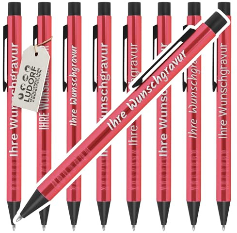 #teamludorf ALPHA Kugelschreiber Rot - 50 Stück - personalisierte Kugelschreiber mit Wunschgravur - ideales Werbemittel für Firmen, Messen & Kunden - edler Metall-Kuli mit Gravur & blauer Mine