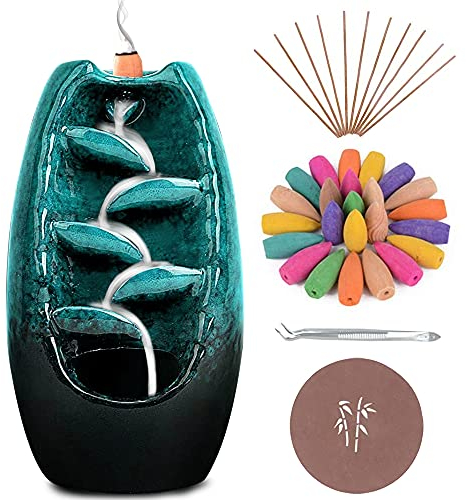 Anbar Backflow Incense Burner with 120 Cones, 30 Sticks, Tongs, and Table Mat, Natural Aromatherapy with Ceramic Smoke Waterfall, Supports Meditation and Relaxation, Home Decor (Blue)