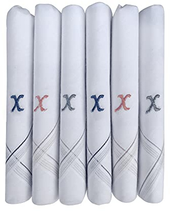 Caruso Italy Herren Monogramm (A-Z) Stickerei 100% reine Baumwolle Taschentuch weiße Basis mit farbigem Rand – 6 Stück