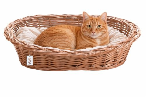 Weidenkorb Hundebett Katzenbett, Weidenbett für Haustiere - Natürlich warm, atmungsaktiv und stilvoll Wiklinowy Świat 50x35x13cm - helles cremefarbenes Kissen