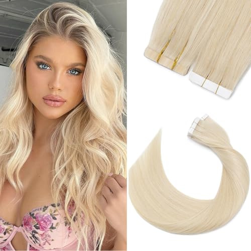 Silk-co Tape Extensions Echthaar 20g, leicht Version Tape in Extensions Echthaar 20pcs, Remy Invisible Haarverlängerung Haarextensions Kleber Skin Weft Platinblond 35cm