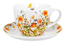 DUO FLORAL Jumbobecher 470 ml WILD BIRD mit Untertasse, New Bone China Porzellan