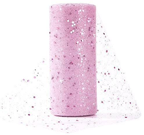 Rotolo di Tulle 15 cm x 25 yards Bobina di Tulle Glitter Nastro Tulle Rotolo con Paillettes per Fiori Matrimonio Tutu Gonna Regalo Confezione Mestiere Rosa