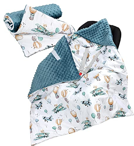TupTam 2er Set Baby Decken Einschlagdecke 85x85 cm für Autositz Babyschale Babydecke Wiegendecke Minky Baumwolle, Farbe: Füchse im Flugzeug/Smaragdgrün, Größe: Frühling/Sommer - 85 cm x 85 cm