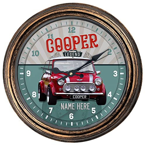KRAFTYGIFTS Personalised Car Wall Clock Mini Cooper Red Classic Round Hanging Glass Front Garage Clock Birthday Gift VCC28