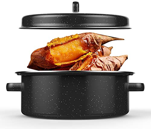 Roasting Pan, Non Stick Roaster Pan with Lid Speckled Black Enamel on Steel Cookware Oven Pans Roast Pot for Roasted Sweet Potatoes Chestnuts Barbecue, for Kitchen Party(28cm)
