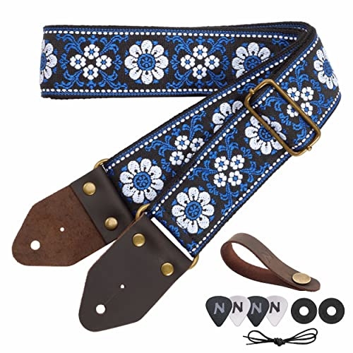 Nefelibata Gitarrengurt, Jacquard-Stickerei Baumwolle Gitarrengurte mit Crazy Horse Leder Enden für Bass, elektrische & akustische, Geschenke für Kinder, Gitarristen