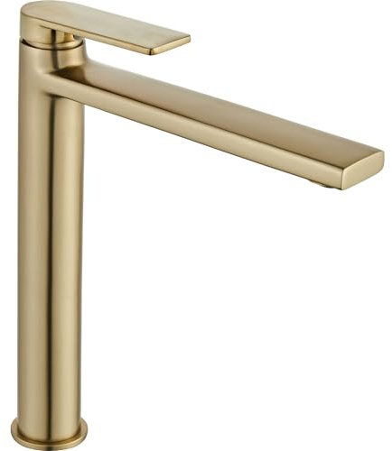 Rea Waschtischarmatur VERSO BRUSH GOLD HIGH Wasserhahn Bad Badarmatur aus Messing Armatur für Waschbecken Badezimmer Mischbatterie Waschbecken Einhebel (Gebürstetes Gold)