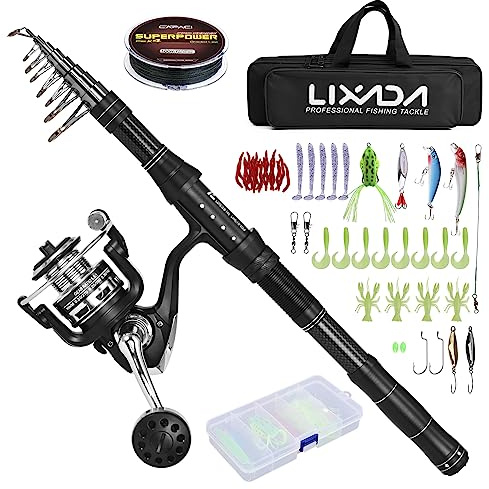 Lixada Combo de carrete de caña de pescar telescópica con línea de pesca, kit de señuelos de pesca y accesorios y bolsa de transporte para agua salada y agua dulce kit de accesorios de pesca