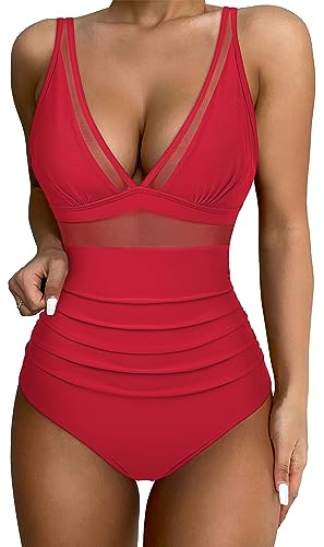DOULAFASS Sexy Mesh Swimming Costume Women Tummy Control Swimsuit V Neck Padded One Piece Swimwear