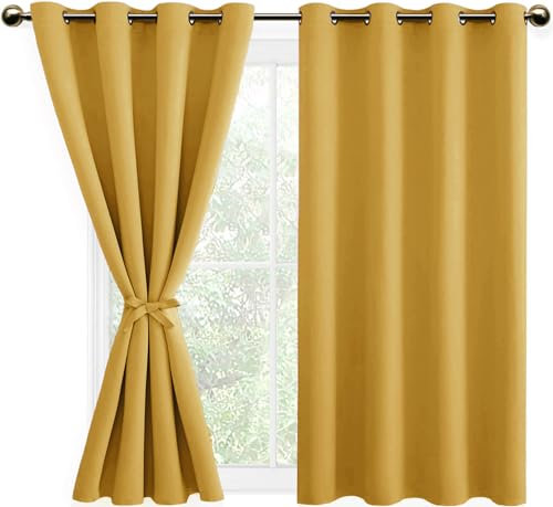 DWCN Blackout Curtains with Tiebacks for Bedroom Thermal Insulated Solid Eyelet Curtains for Living Room,2 Panels,52 Wide x 54 Drop Yellow