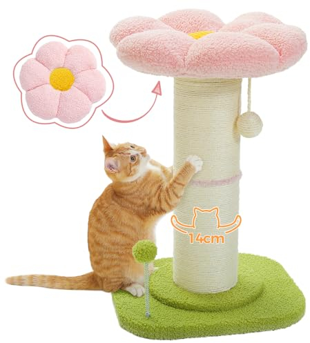 PAWZ Road Flower Katzenkratzbaum - Kleiner Katzenbaum für Indoor-Katzen Mit Super Dickem Kratzbaum [Dia=14cm], Abnehmbares Blumen-Katzenbett, Federball - Rosa