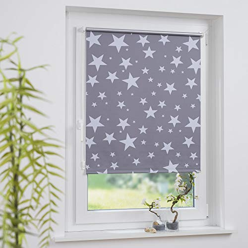 Klemmfix-Thermorollo/Verdunklung, Motiv Sterne, Montage ohne Bohren oder Schrauben, Breite: 80 cm/Länge: 210 cm, grau/weiß