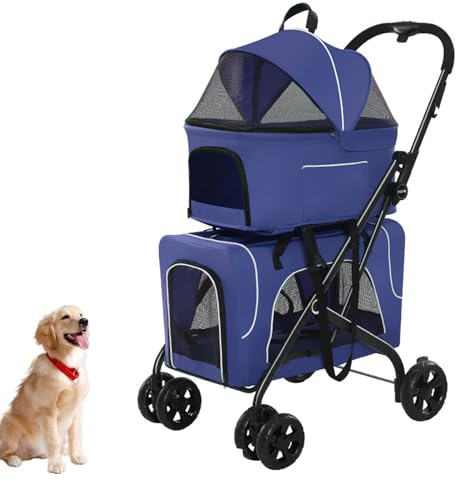 YPDOPORA Hundewagen Für Kleine Und Mittelgroße Hunde Mit 2 Abnehmbaren Trägern, Robustem Klapprahmen Mit 4 Rädern, Katzenwagen, Hundewagenwagen,Blau