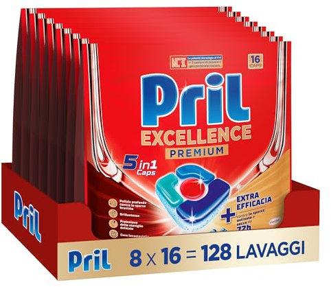 Pril Excellence Premium 5in1 Caps Lavastoviglie (16 Caps), Detersivo lavastoviglie contro lo sporco ostinato e secco da 72h, Pastiglie lavastoviglie efficaci anche nei cicli brevi ed eco
